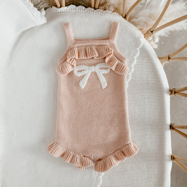 Blossom & Pear - Bow Singlet Frill Knit Romper - Pink Lemonade