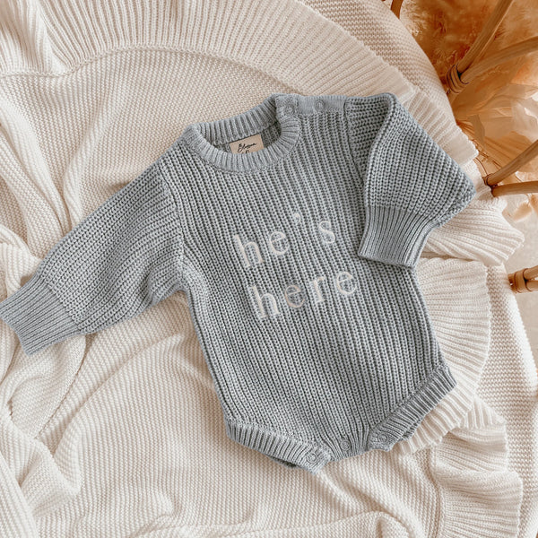 Blossom and Pear - 'He's Here' Powder Blue Long Sleeve Knit Romper