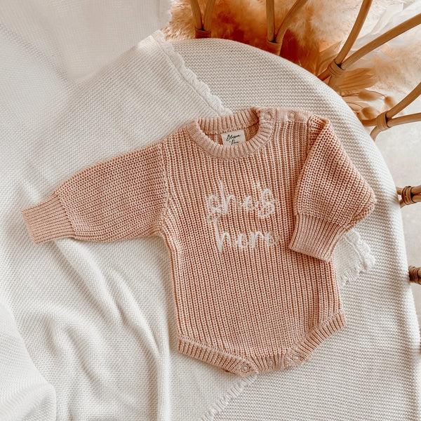 Blossom and Pear - 'She's Here' Pink Lemonade Long Sleeve Knit Romper