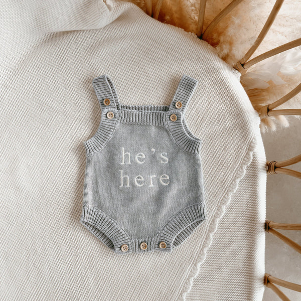Blossom and Pear - 'He's Here' Singlet Mini Knit Romper - Powder Blue